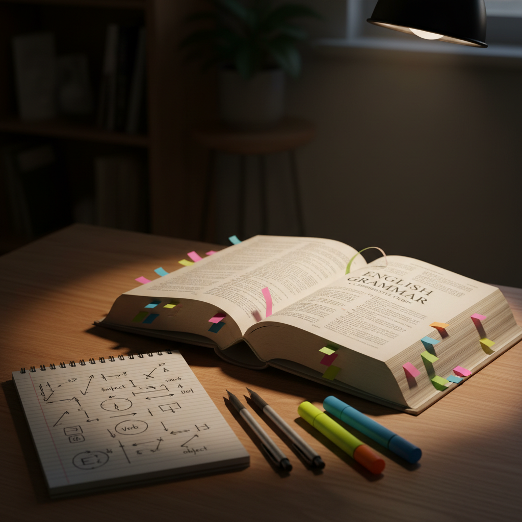 A detailed close-up of an open hardcover grammar book lying flat on a smooth oak table, its cream-colored pages marked with multicolored bookmarks and neatly placed adhesive flags. Next to it, a lined notepad displays carefully drawn arrows and symbols representing sentence structure, but no readable text. Mechanical pencils and highlighters rest parallel to the notepad, reflecting a disciplined self-study routine. Soft warm desk-lamp lighting from the right side creates a focused cone of illumination, with the edges of the frame gently falling into shadow. The composition uses a shallow depth of field in a photographic, realistic style, evoking concentration, precision, and professional seriousness about mastering English grammar alone.