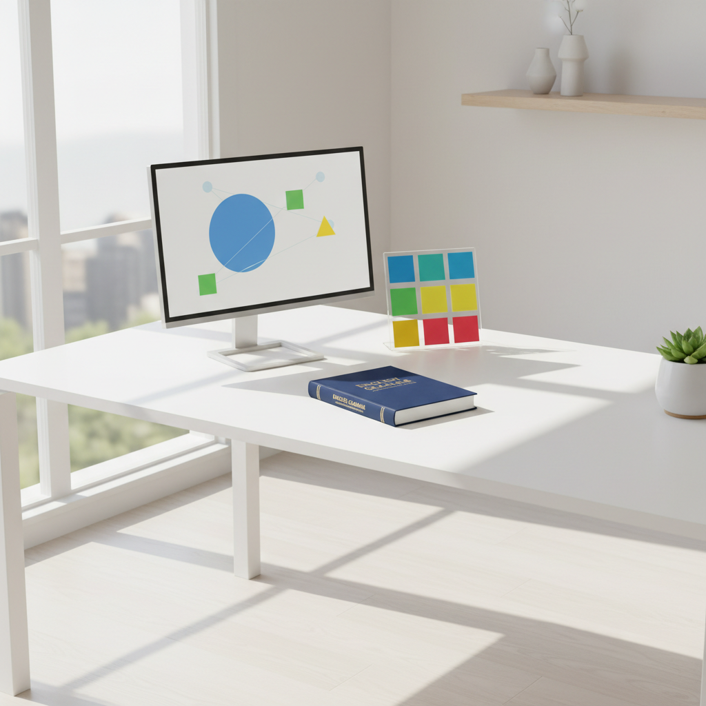 A bright, minimalist home workspace dedicated to self-study of English grammar, featuring a large, uncluttered white desk with a closed navy-blue grammar reference book, a slim monitor showing a clean interface with abstract shapes where text would be, and color-coded sticky notes blank of words but clearly organized. A small green plant adds a touch of freshness. Sunlight from a large side window creates a crisp, motivating atmosphere, casting gentle linear shadows from the monitor and stationary. Captured from a slightly elevated, wide-angle photographic perspective, the image emphasizes independence, clarity, and professional organization without any human presence.