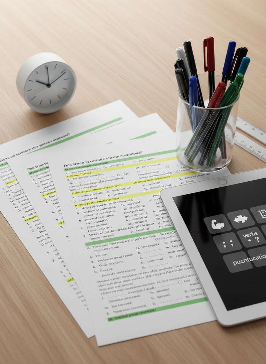 A close-up, overhead photographic view of a tidy wooden desk showcasing printed grammar worksheets with highlighted sections, a clear acrylic pen holder filled with fine-tip pens, and a sleek tablet displaying abstract icons symbolizing verbs, tenses, and punctuation rather than text. A transparent ruler and a minimalist analog clock sit nearby, suggesting structured, independent study time. Soft, diffused natural light from above creates even illumination with delicate shadows around the objects. The mood is organized, calm, and professional, with a clean, educational aesthetic and sharp focus across the entire frame to convey precision and clarity in English grammar practice.